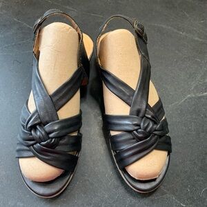 REMONTE | Black Leather Knot Wedge Stacked Sandals | Sz 38